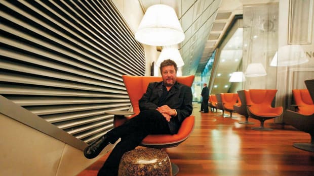 Philippe Starck at the Eurostar Lounge he designed in Waterloo, England