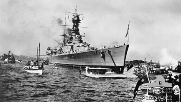 HMS Hood in Sydney Harbour shortly after arriving with the other ships of the Special Service Squadron on 9 April 1924