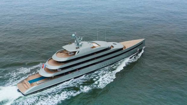 273-foot Feadship SAVANNAH, the world's largest hybrid superyacht, heads out for sea trials on the North Sea.