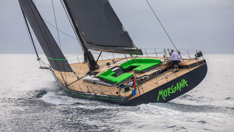 Morgana, a 100-foot custom sloop designed by Reichel-Pugh /Nauta and built by Southern Wind arrives in Italy after a 7000 nm maiden voyage