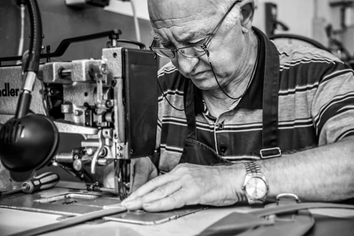 Ezio Provasi recently celebrated his 
60th year as a leathersmith