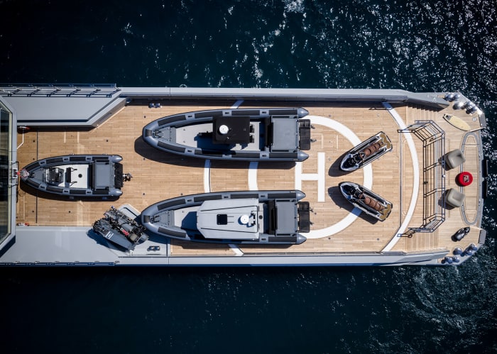  Altogether, Bold has 8,000 square feet of outside deck space for activities. The main deck is home to the certified helipad, which has plenty of space for tenders and toys when the helicopter is not on board