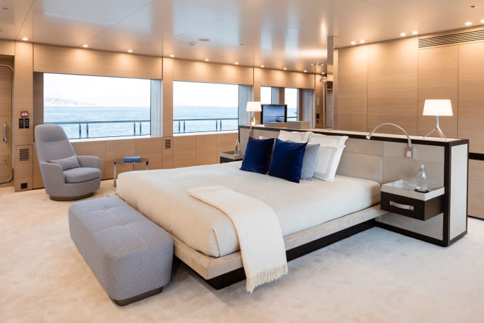 The master stateroom, forward on the upper deck, is sophisticated and luxurious, with silk carpet, leather detailing and oak veneer finishes. 