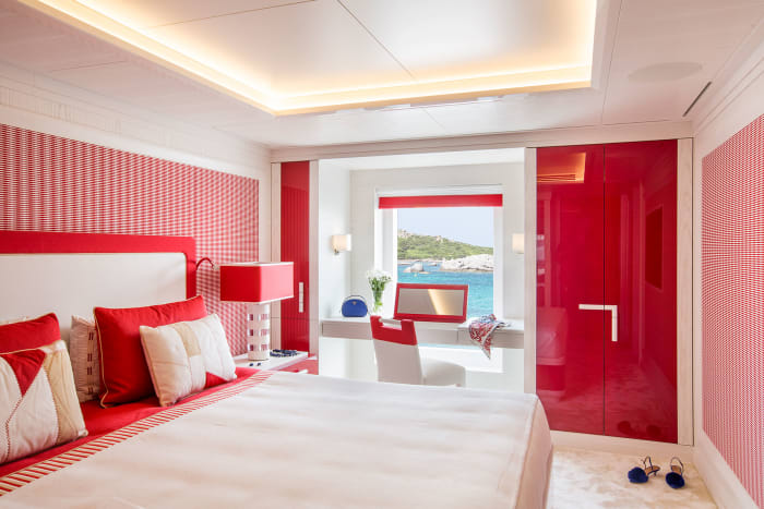 Each guest stateroom is defined by a dominant bold color scheme. 
