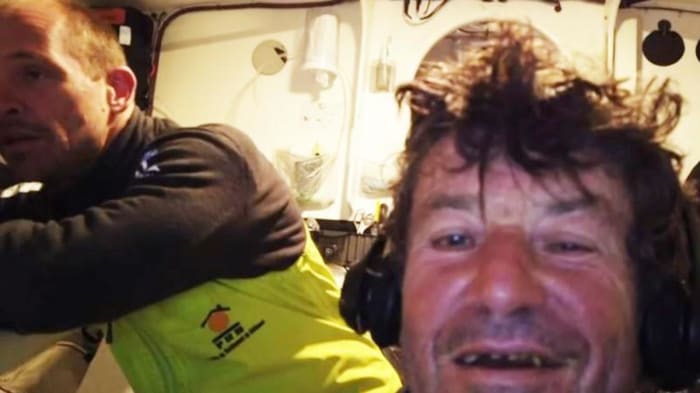 Le Cam (right) and Escoffier (left) soon after the rescue aboard Le Cam's Imoca 60