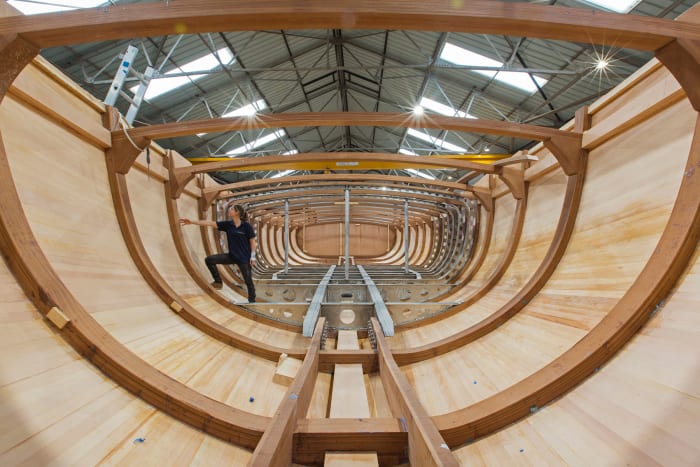 The wood and epoxy hull during construction.
