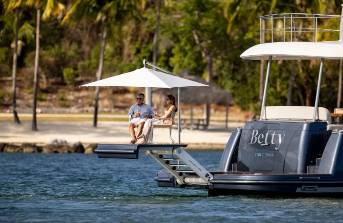 The swim platform can be used for dinghy stowage, provide egress to the water via a wide, telescoping ladder and serve as yet another outdoor lounge area