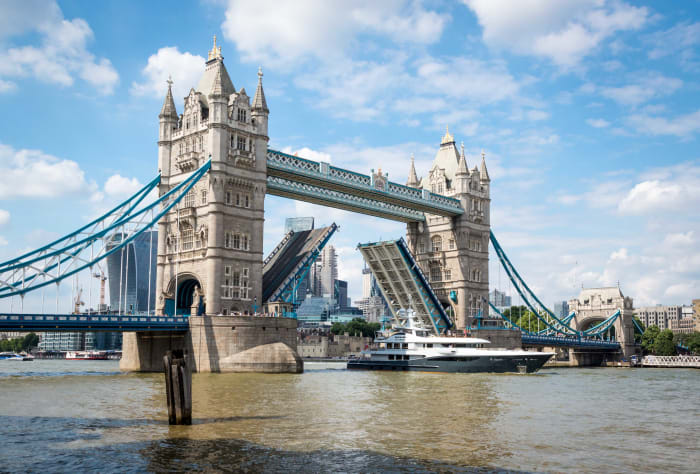 In 2017, Gene Machine visited 10 countries in 71 days, clocking 9,000 nautical miles. Here the yacht passes under London’s Tower Bridge.