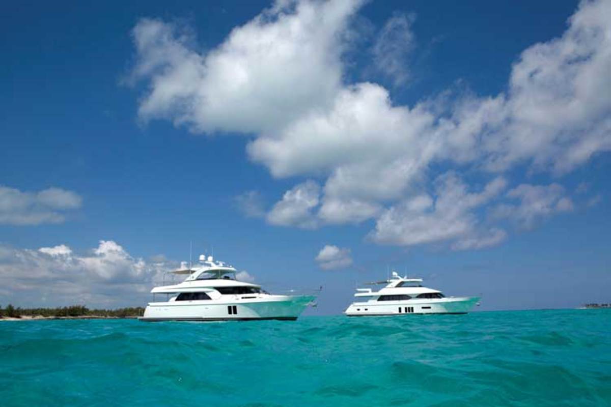 Ocean Alexander's 72- and 85-foot models cruising off Paradise Island.