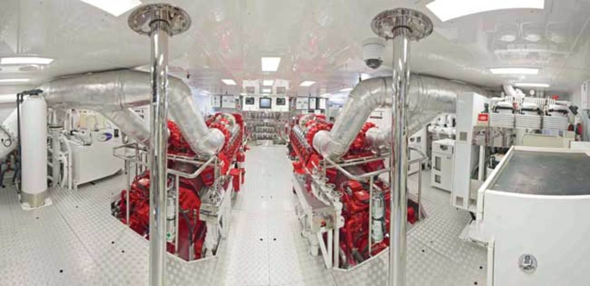 The 154-foot (46.9-meter) Usher’s pristine engine room features two red V-16 MTU diesels that transform the space into a virtual work of art.