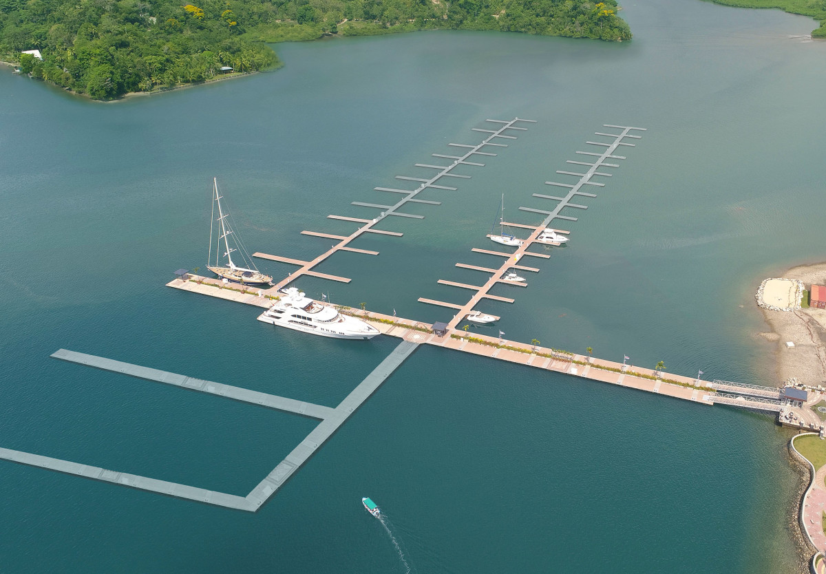 The physical main dock at Golfito Marina Village, with renderings (in gray) of remaining docks soon to be in place.