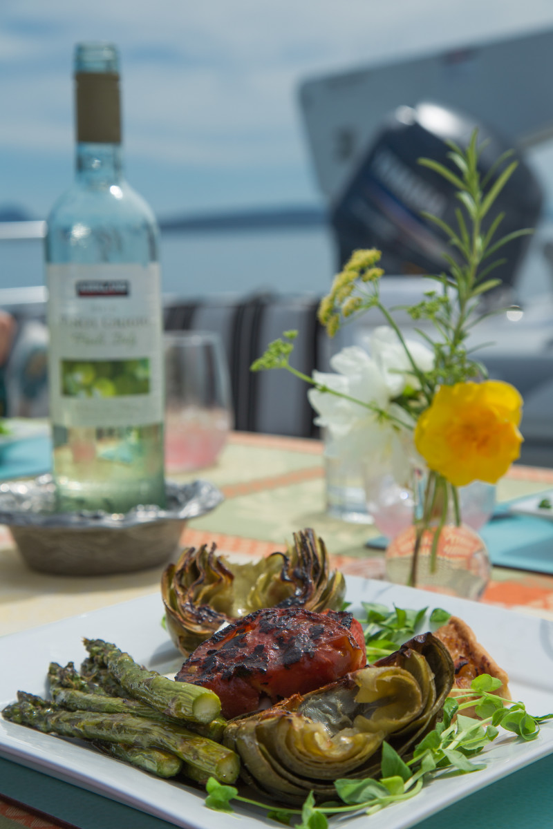 A warm vegetable salad glows in the sunshine on M/Y Jamal’s upper deck.