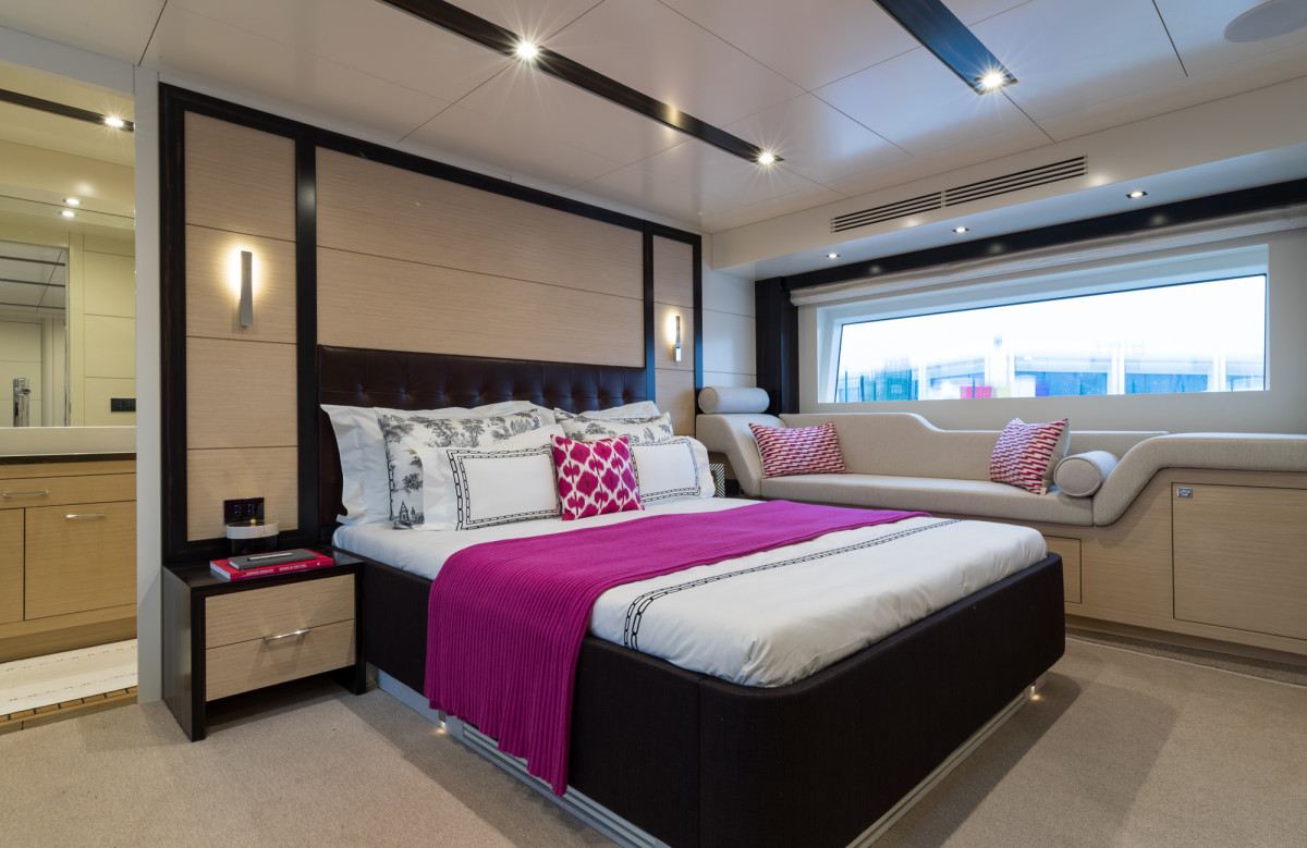 The full-beam master stateroom has a buttery-soft Italian leather headboard and 6 feet, 8 inches of headroom. 