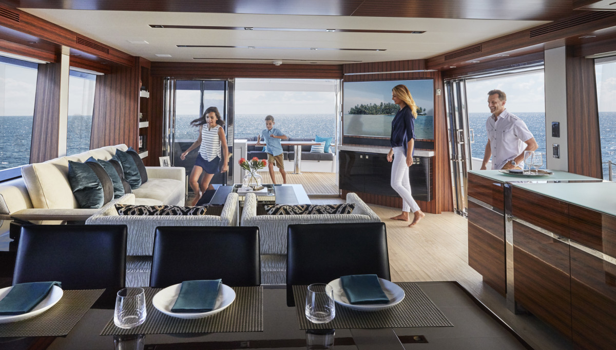 The same effect happens in the salon, thanks to the sliding side-deck doors and optional balcony.