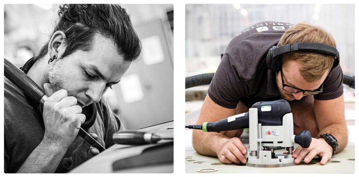 Left: David Williams is a furniture maker who joined Silverlining in 2016. The average age of the employees is under 30. Right: The mind-boggling complexity of some of the furniture calls for precision cutting tools, without which many designs would simply be too time-consuming to make.