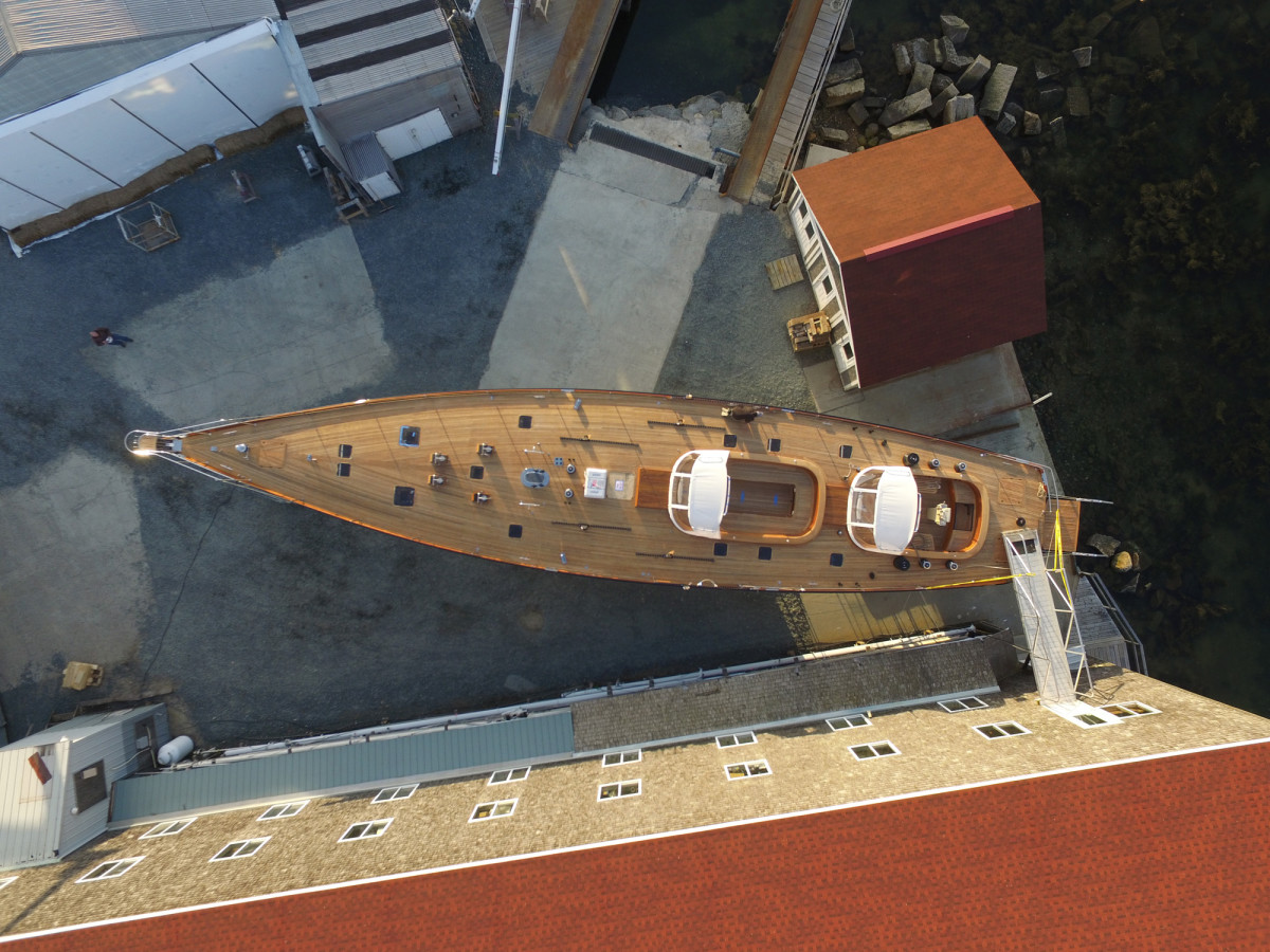 Brooklin Boat Yard’s 91-foot (27.7-meter) cold-molded wood sloop, Sonny III.