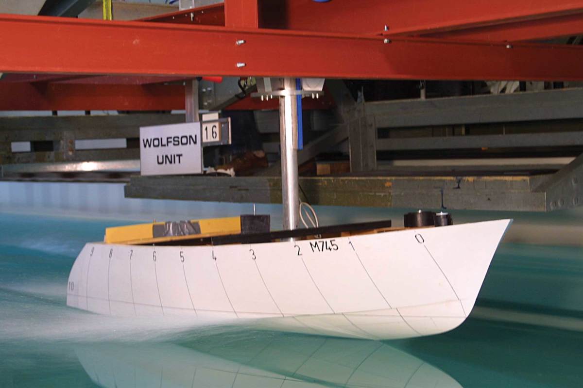 A high-speed motoryacht undergoing calm-water resistance testing at the Wolfson Unit at the University of Southampton (England). 