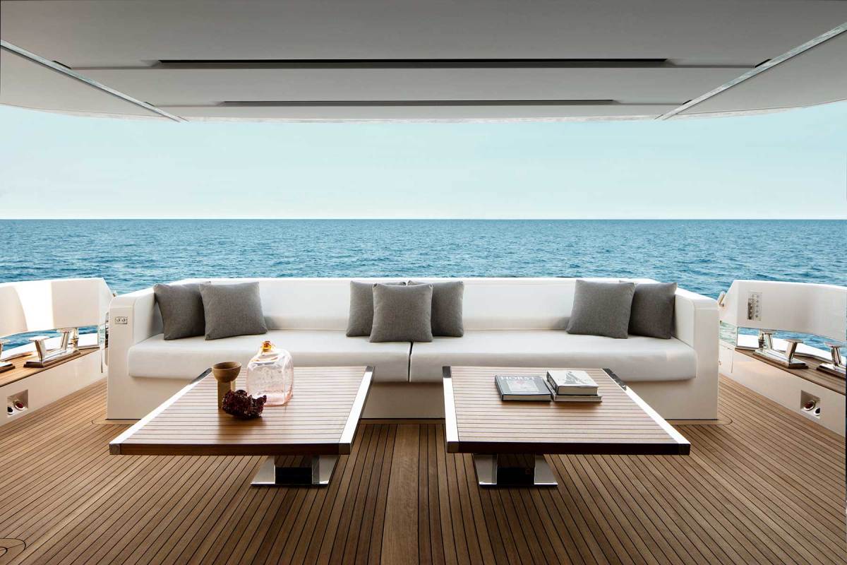 Both the exterior and interior design by Zuccon International Project draw on the sophisticated Italian aesthetic that is Sanlorenzo’s calling card. Note the glass-walled staircase connecting the main deck and the fly deck.