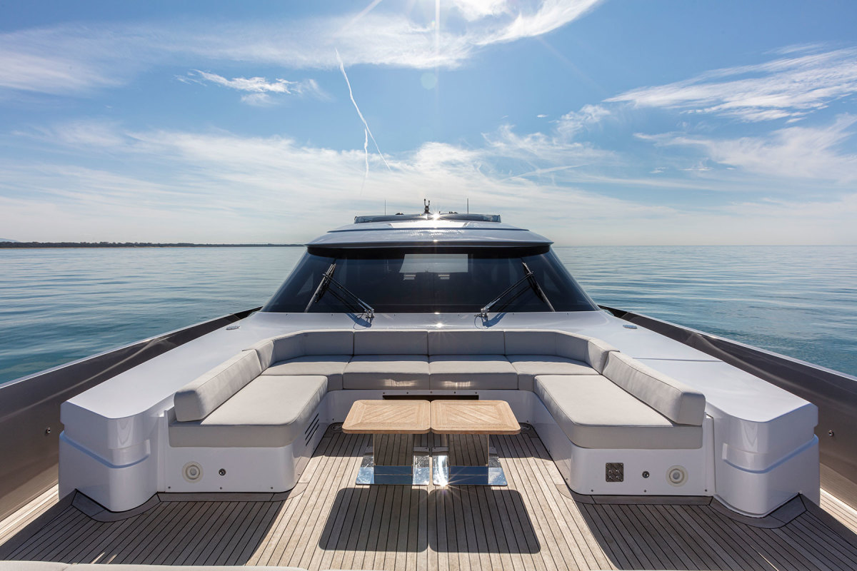The extended foredeck provides additional options for dining and lounging.