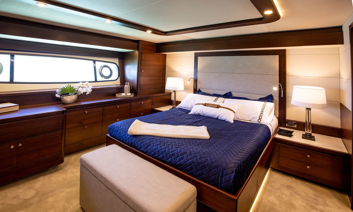 The master stateroom takes full advantage of the 85’s 22-foot, 2-inch beam. Owners can choose three staterooms with a full-beam master and his-and-her head, or four staterooms and four heads.