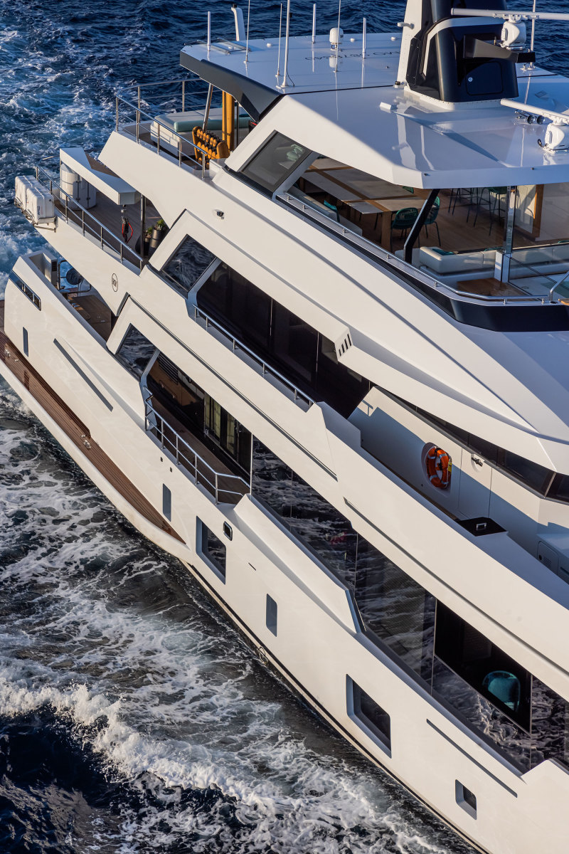 Hydro Tec did the exterior design, which includes cut-down bulwarks to improve guest views. It’s a luxury look on a go-anywhere yacht.