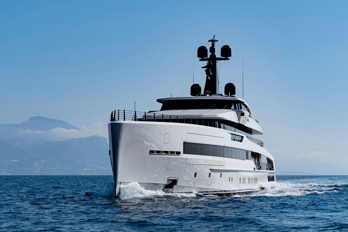 The yacht’s clean and chiseled lines are hallmarks of Frank Laupman and Omega Architects.