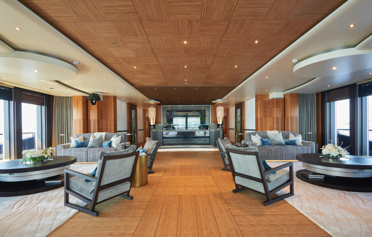 Sam Sorgiovanni sought out Nature Squared for bamboo ceilings, pufferfish skin surfaces (from bycatch) and more for the Oceanco Barbara.