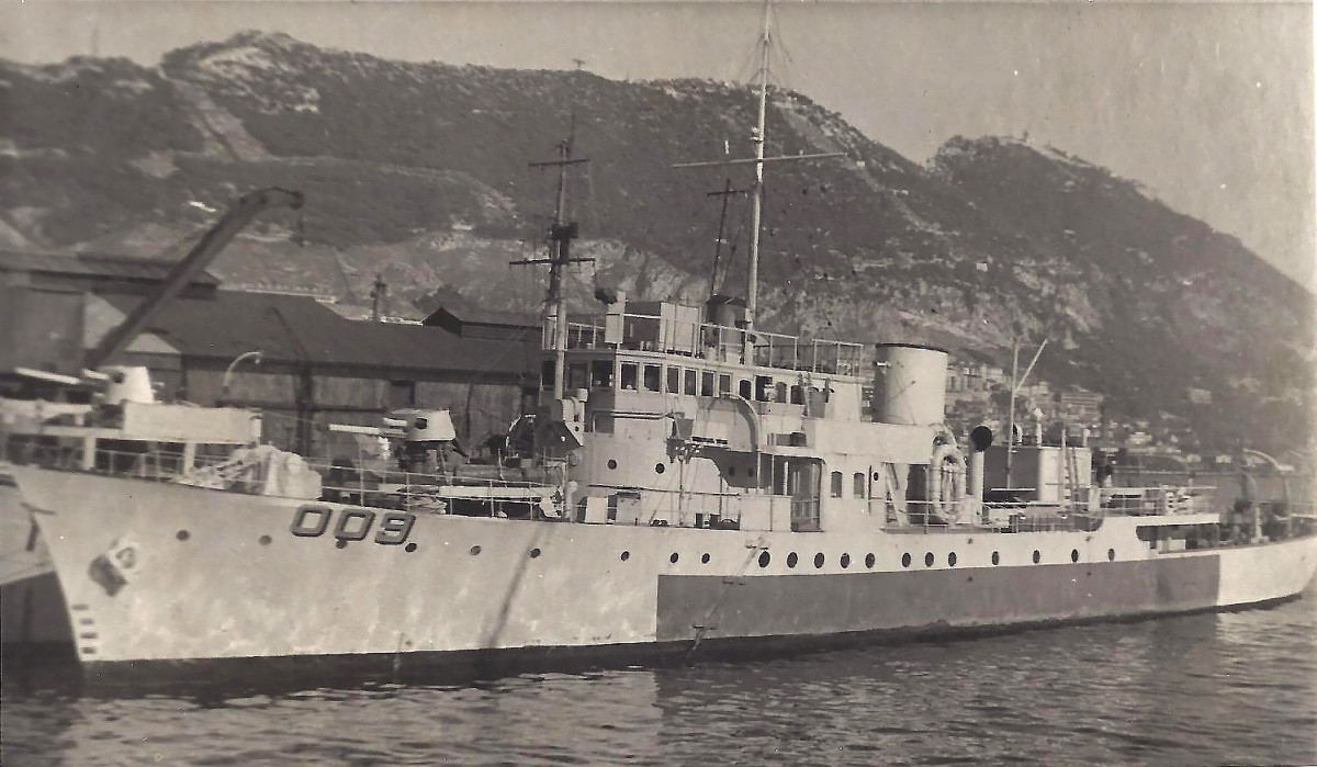 Marala as HMS Evadne, in Gibraltar during WWII.  