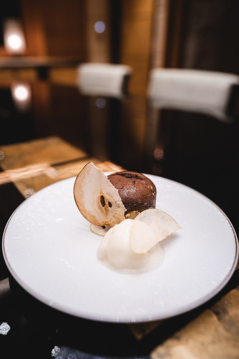 Chocolate fondant with pear sorbet and pear crisps