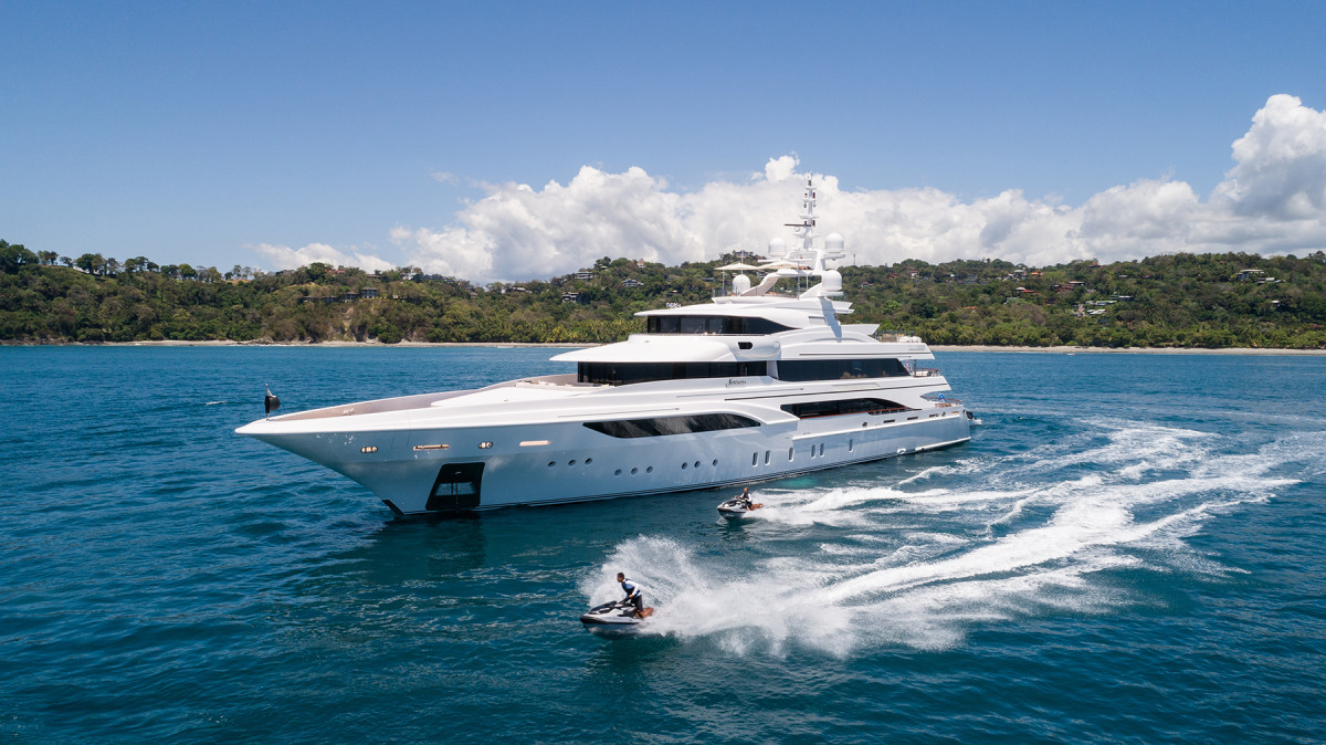 Water toys include inflatables, personal watercraft, slides and diving gear. When in Mexico and Costa Rica, she cruises with the 79-foot (24-meter) sportfisher Big Deal.   Weekly base rate: $470,000 in French Polynesia during summer, or Costa Rica and Mexico in winter. 